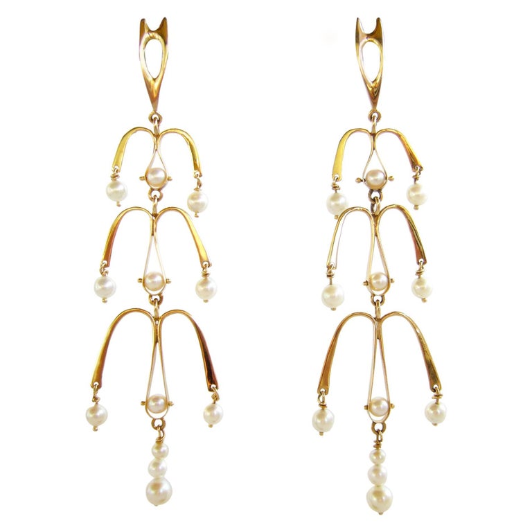Ed Wiener Gold Pearl Kinetic American Modernist Chandelier Earrings For Sale