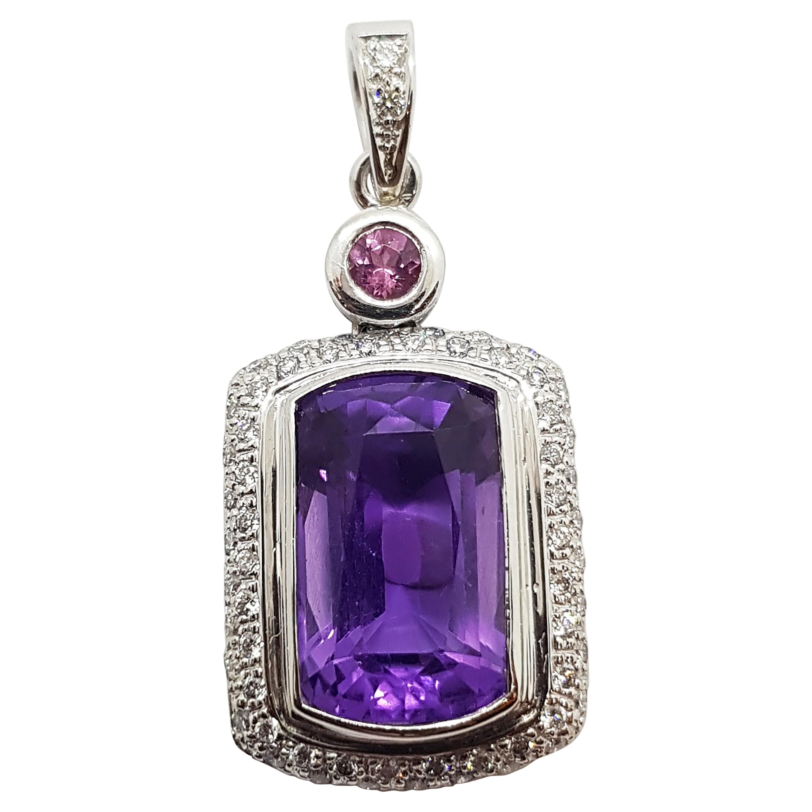 Amethyst with Pink Tourmaline and Diamond Pendant Set in 18 Karat White Gold For Sale