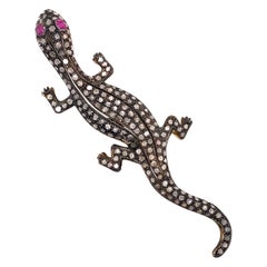 Victorian Style Rose Cut Diamonds with Ruby Lizard Brooch Silver & Gold