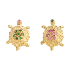 18 Karat Gold Green Tsavorite Pink Tourmaline Wise Turtle Hammered Stud Earrings