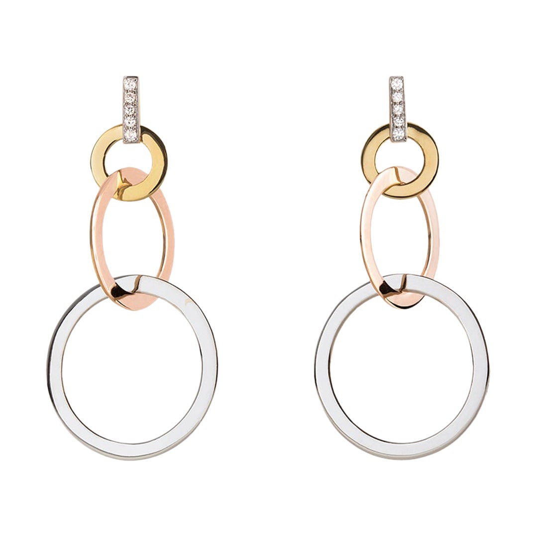 Statement 18K Yellow Gold 0.20 Carats White Diamond Circle Dangle Earrings For Sale