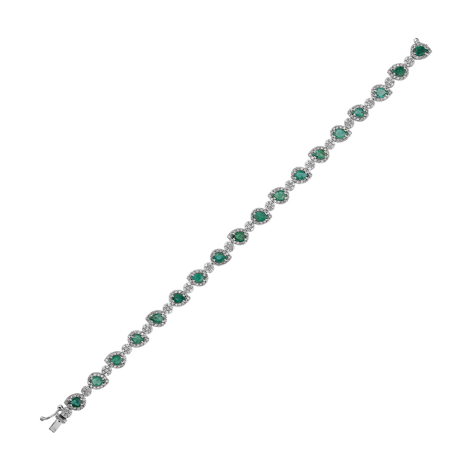 5.85 Carat Green Emerald & Diamond Line Tennis Bracelet, 18K White Gold For Sale
