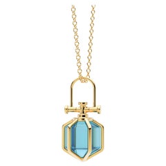 Modern Sacred 18k Solid Yellow Gold Talisman Pendant Necklace with Blue Topaz