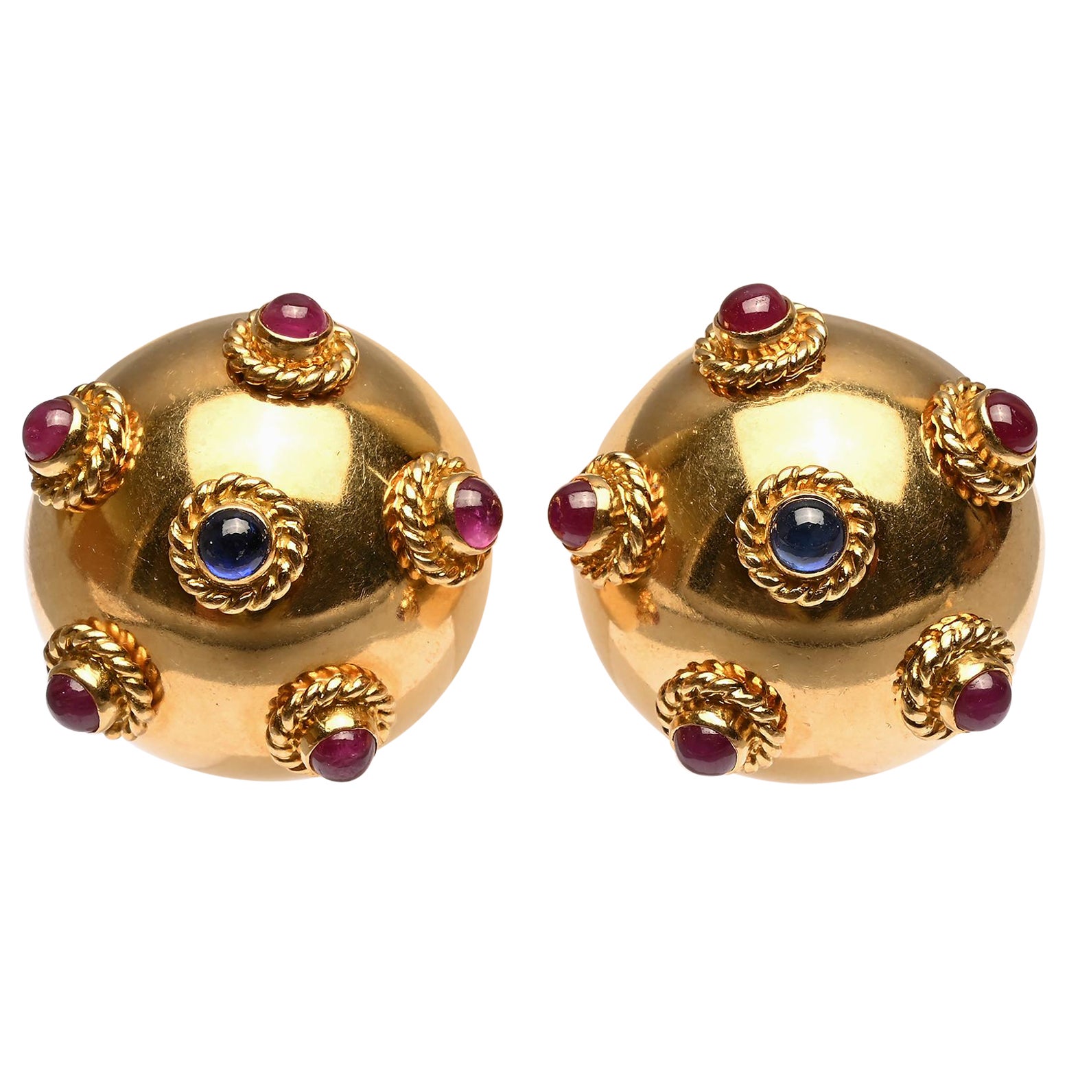 Domed Earrings with Sapphires and Rubies For Sale