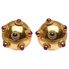 Domed Earrings with Sapphires and Rubies