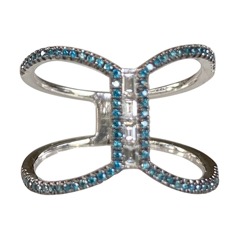 Athena Blue Diamond and Diamond Baguette X Ring For Sale