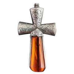 Victorian Scottish Silver and Amber Cross Pendant