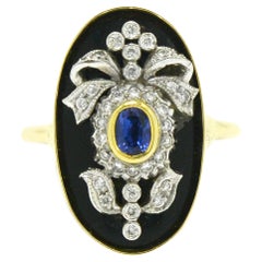 Antique Edwardian Sapphire Onyx Diamond Bow Cocktail Ring Gold Platinum Garland