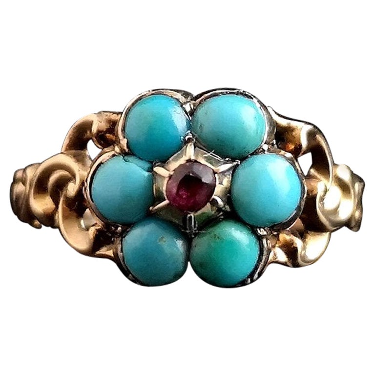 Antique Georgian Mourning Ring, Turquoise and Ruby, 22kt Yellow Gold and Silver