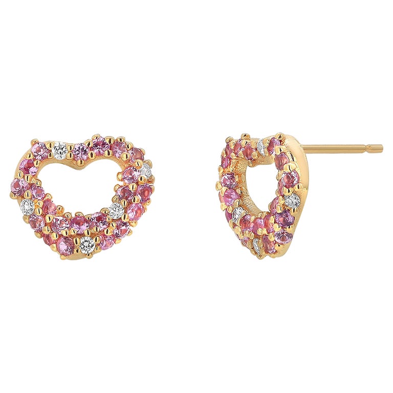 Pink Sapphires and Diamond Heart Shape Rose Gold Stud Earrings For Sale