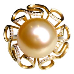 Golden Colour South Sea Pearl and Diamond Yellow Gold Ring