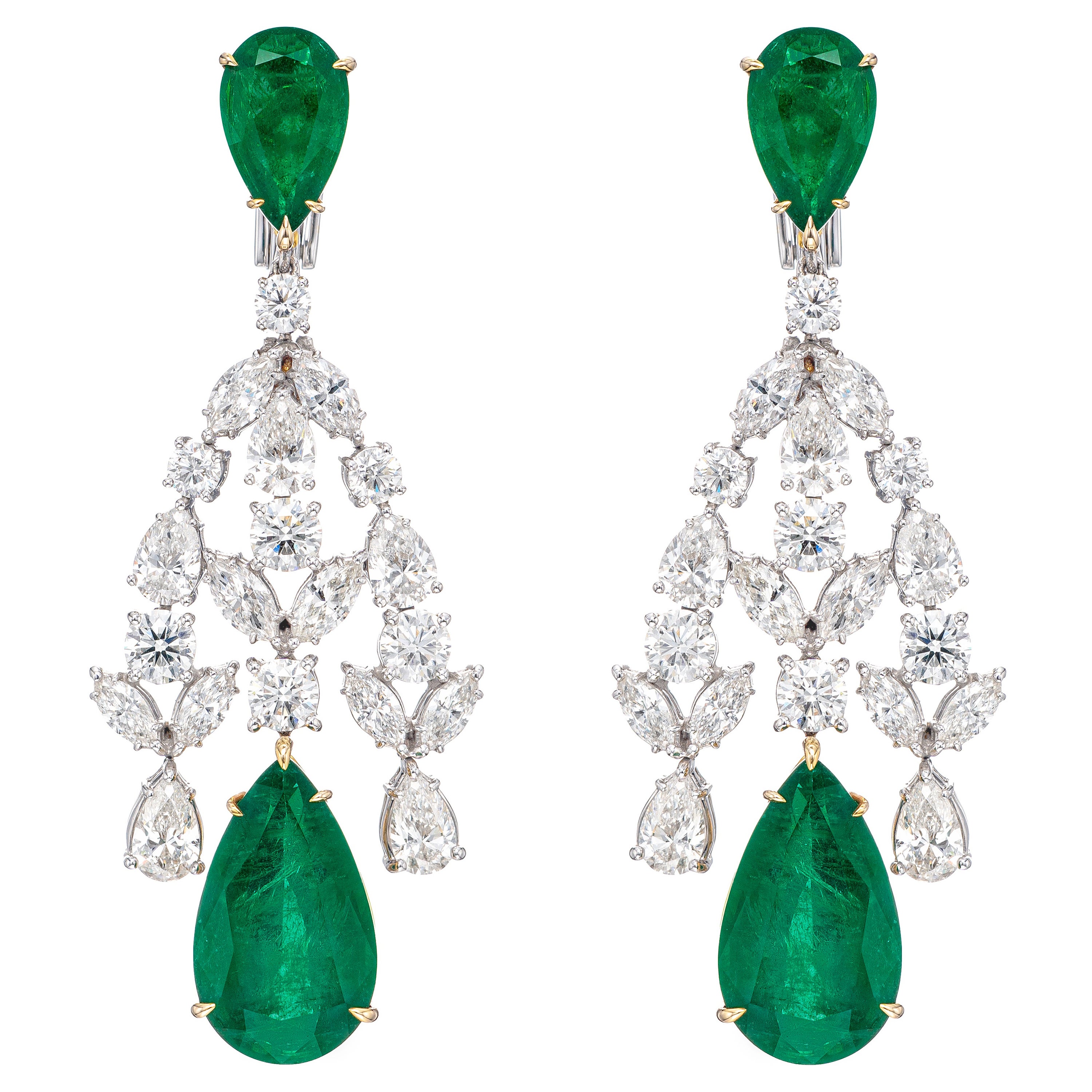GRS Certified 47.42 Carat Zambian Emerald Diamond Chandelier Earrings 18K Gold For Sale