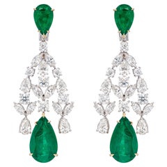 GRS Certified 47.42 Carat Zambian Emerald Diamond Chandelier Earrings 18K Gold
