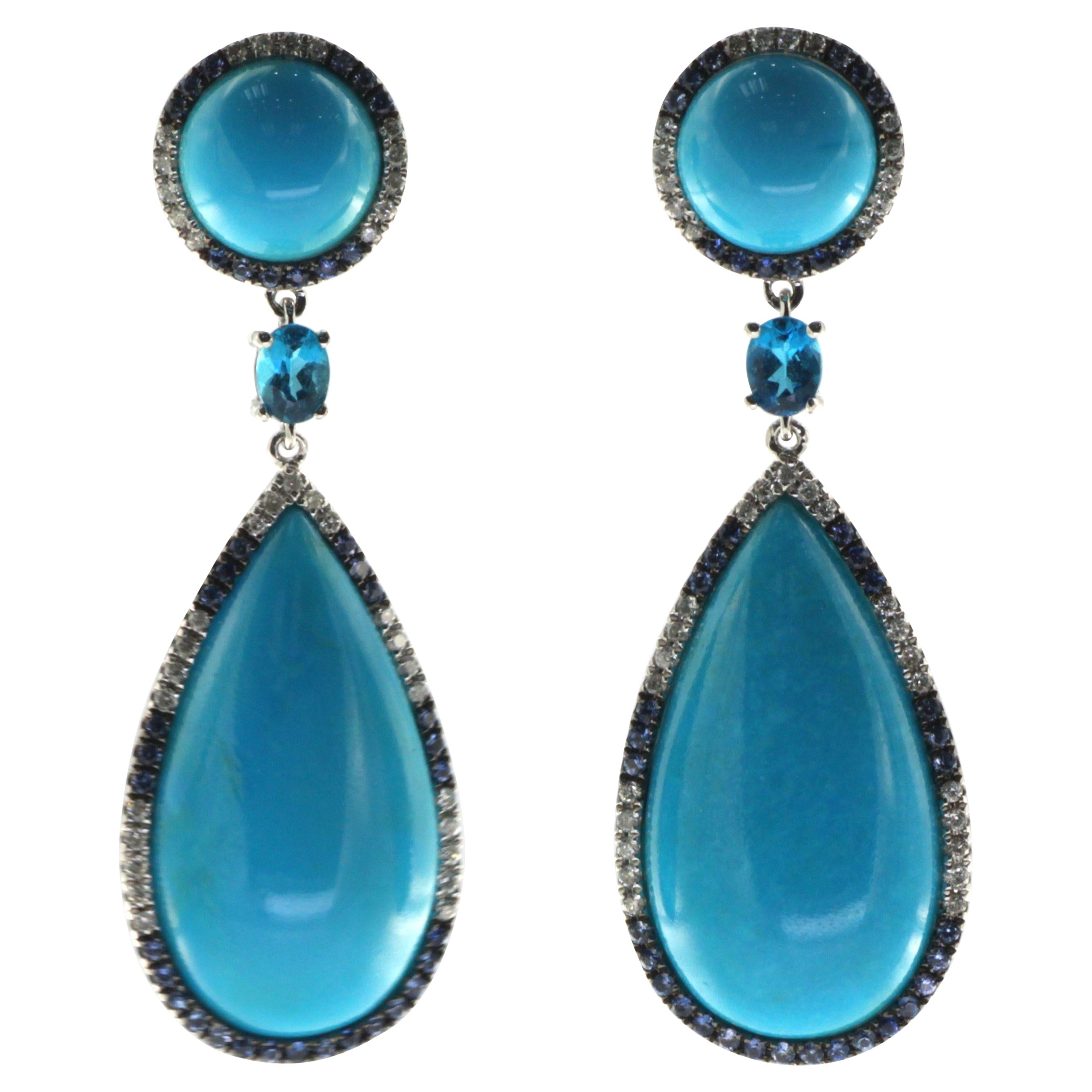 Sleeping Beauty Turquoise Diamond Sapphire Dangle Drop Earring in 18 Karat Gold