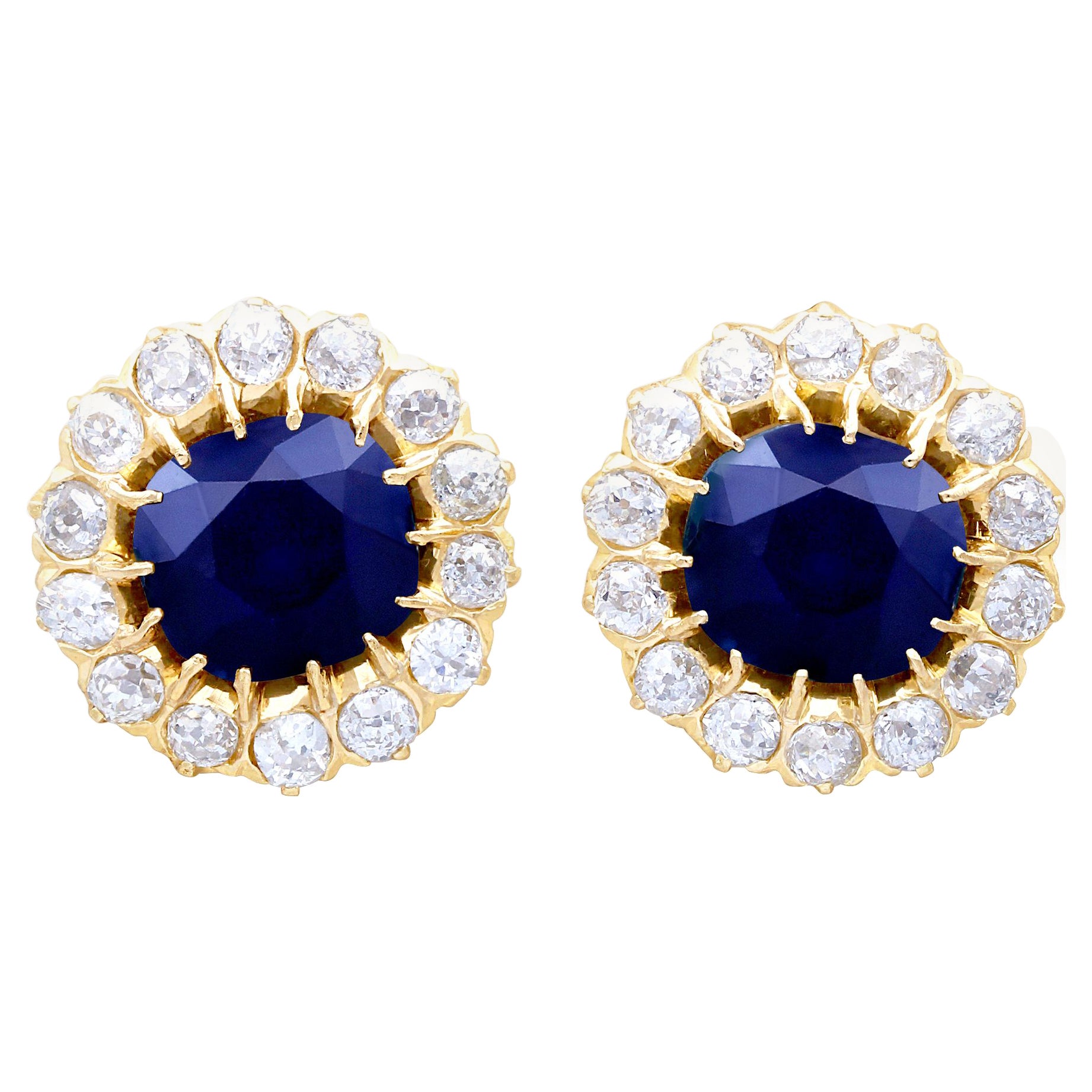 7.05Ct Sapphire and 2.31Ct Diamond Yellow Gold Cluster Earrings, Circa 1930