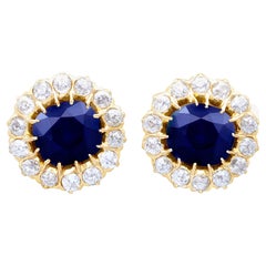 Vintage 7.05Ct Sapphire and 2.31Ct Diamond Yellow Gold Cluster Earrings, Circa 1930