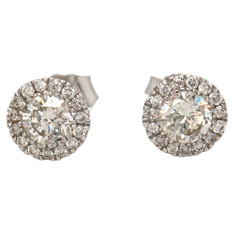 New 0.76ctw Diamond Halo Stud Earrings in 14K White Gold For Sale