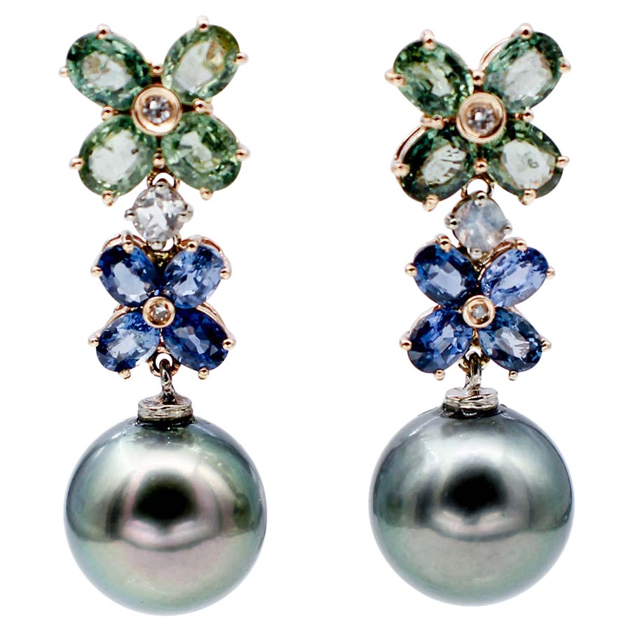 Blue and Green Sapphires Diamonds Moonlights Grey Pearls 14Kt Rose Gold Earrings