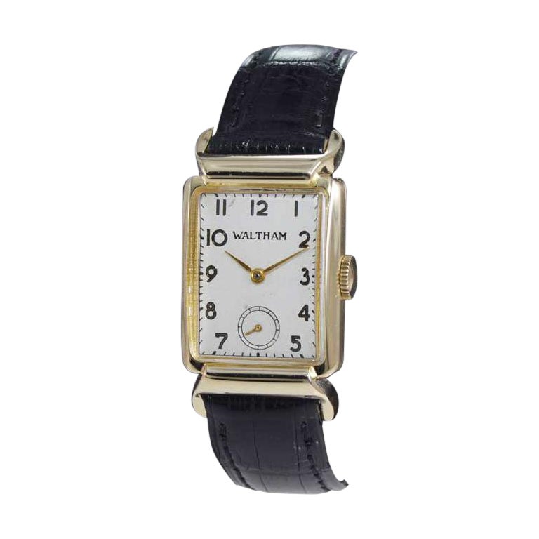 Waltham Solid Gold Art Deco Tank Style Watch Hand Made from 1940's For Sale