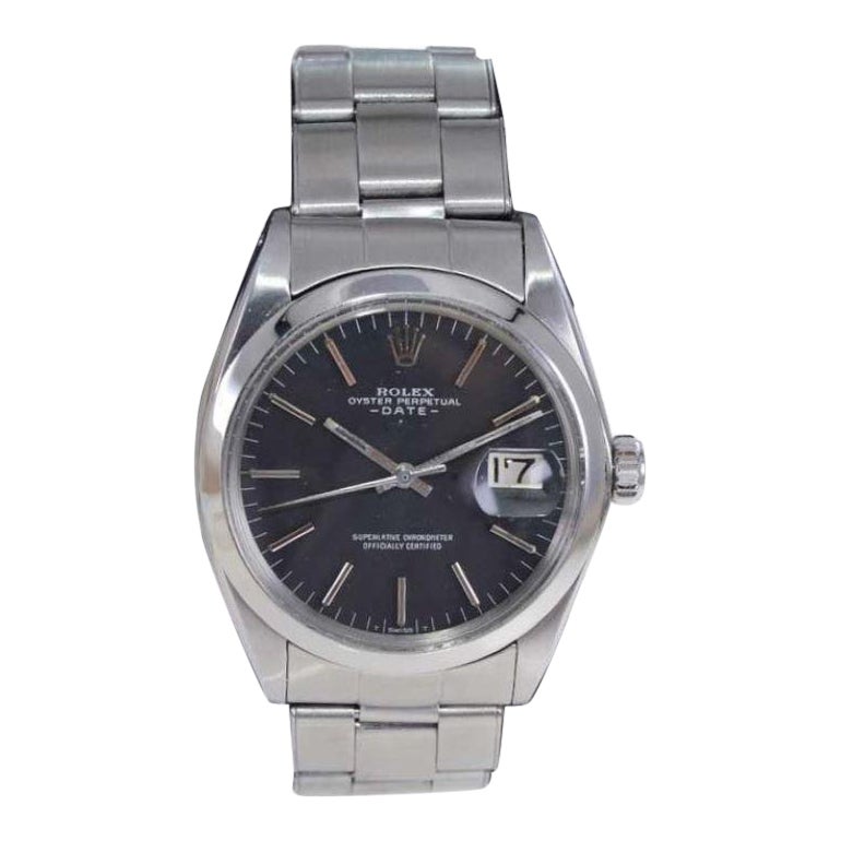 Rolex Stainless Steel Oyster Perpetual Date Original Black Dial from 1969 For Sale