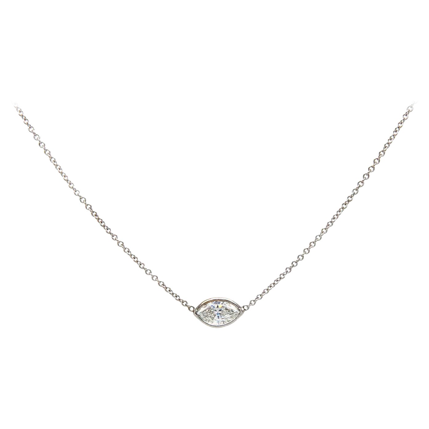 0.48ct Sideways Marquise Diamond Bezel Set Solitaire Pendant Necklace in 14K For Sale