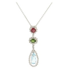 Pink and Green Tourmaline, Aquamarine & 0.33ctw Diamond Halo Pendant Necklace