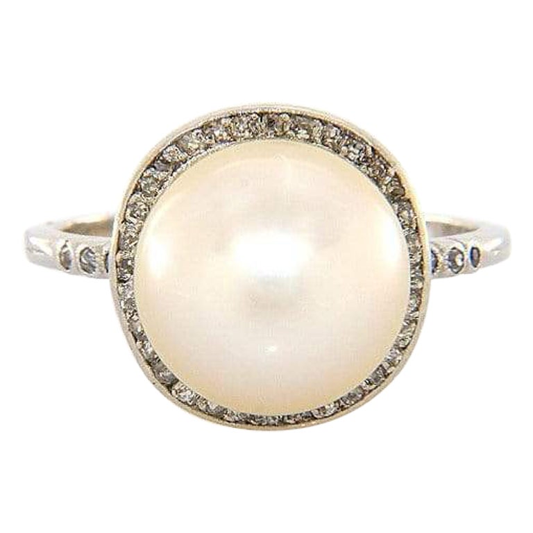 Golden South Sea Pearl and Euro Cut Diamond Ring in Platinum For Sale