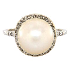 Golden South Sea Pearl and Euro Cut Diamond Ring in Platinum