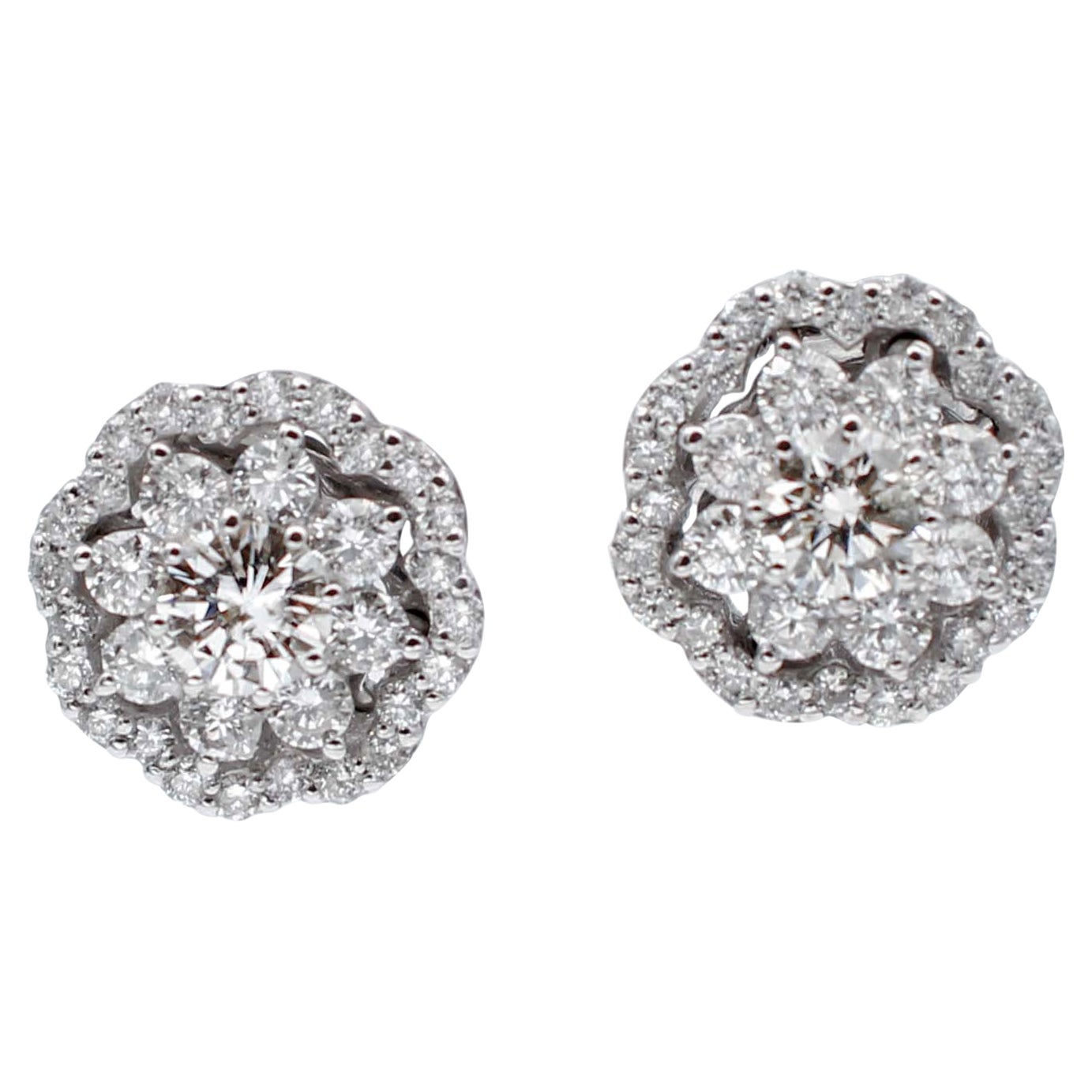 1.65 Carat White Diamonds, 18 Karat White Gold Flower Stud Earrings