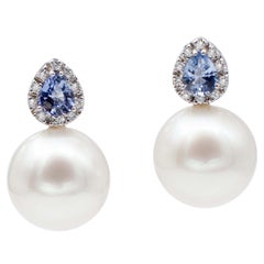 Sapphires, Diamonds, White Pearls, 18 Karat White Gold Stud Earrings