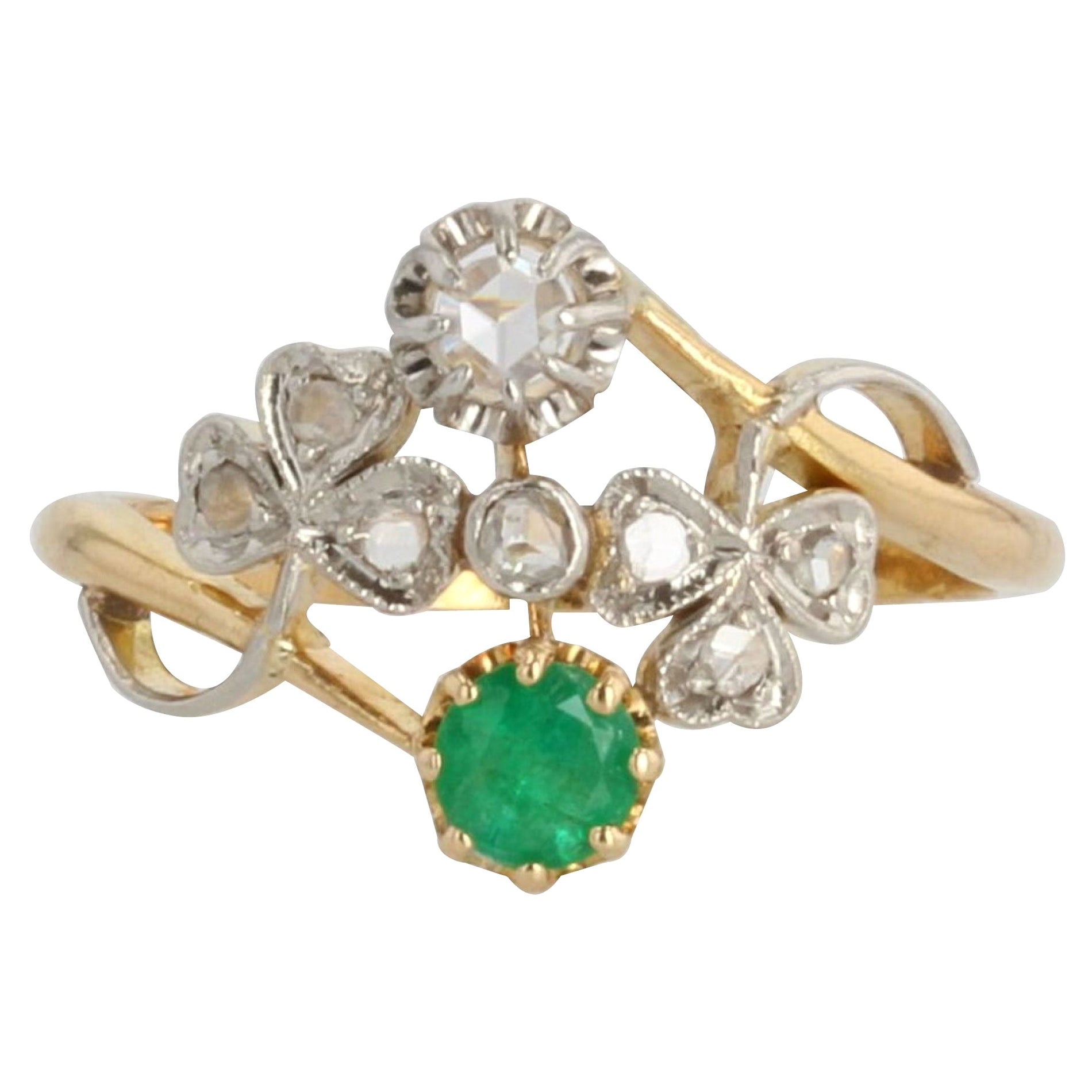 French 1900s Emerald Diamond 18 Karat Yellow Gold You and Me Ring