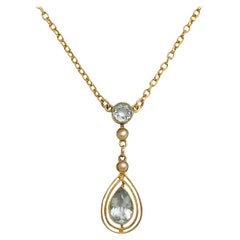 Antique Edwardian Aquamarine Pearl Pendant Necklace