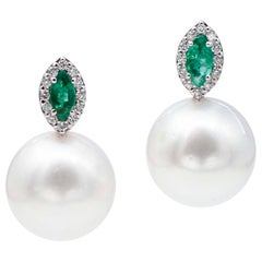 Emeralds, White Pearls, White Diamonds, 14 Karat White Gold Stud Earrings