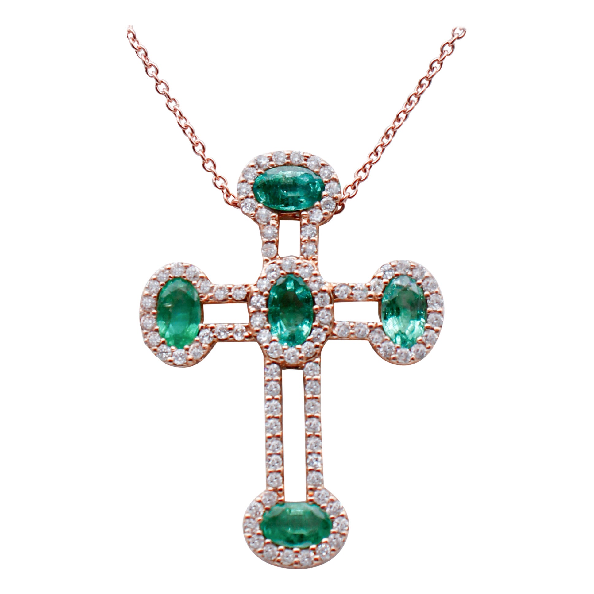 Emeralds, White Diamonds, 18 Karat Rose Gold Cross Pendant Necklace