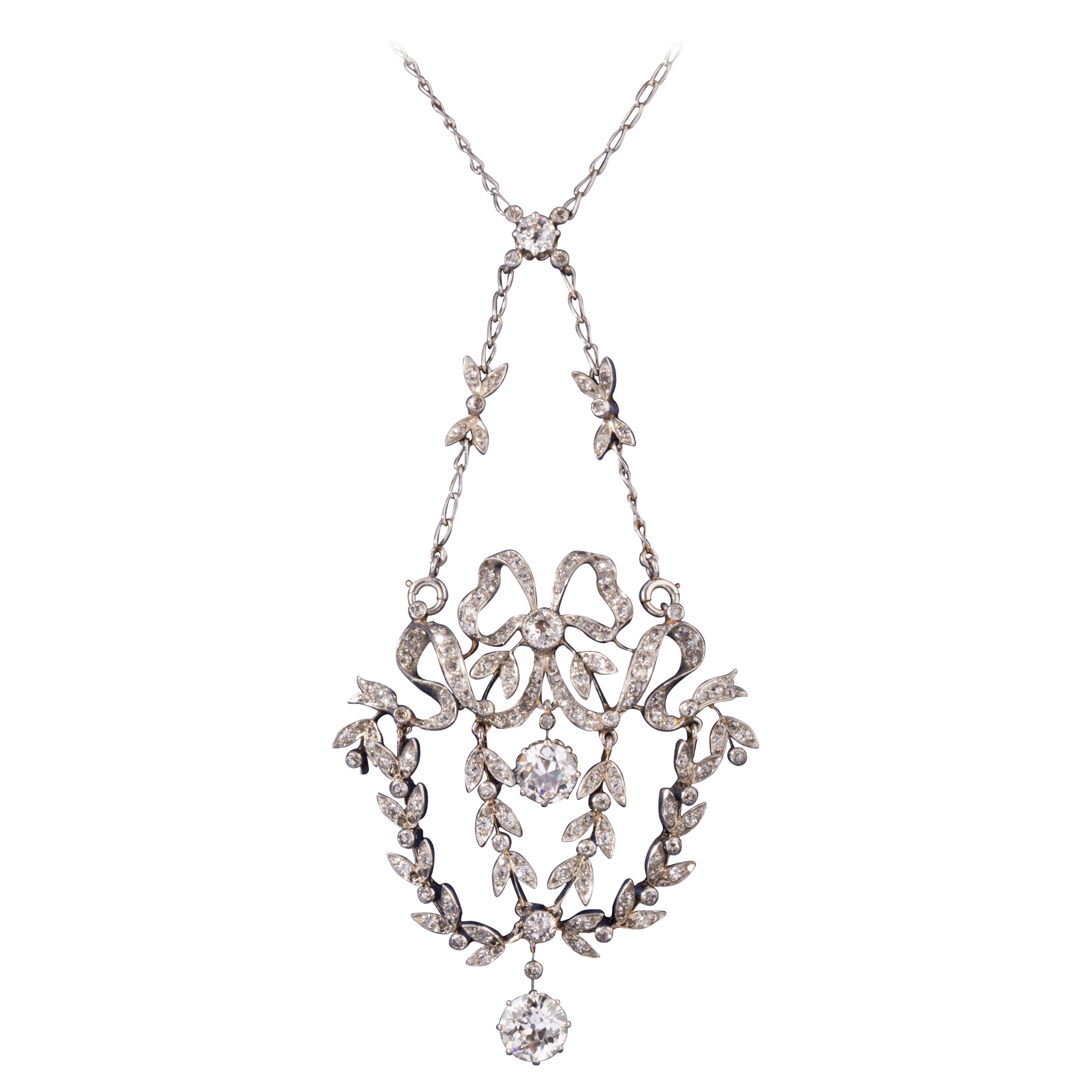 Platinum and 3 Carats Diamonds French Belle Epoque Pendant Necklace For Sale