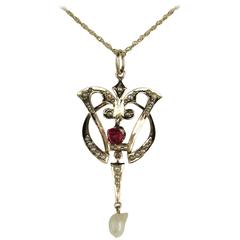 Antique Victorian Seed Pearl Ruby Gold Lavalier Pendant 11