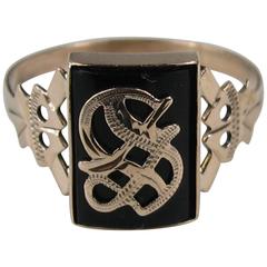 Victorian Gothic "S" Onyx Gold Initial Ring 6