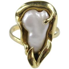 Mid Century Organic Mabe Pearl Gold Ring 4