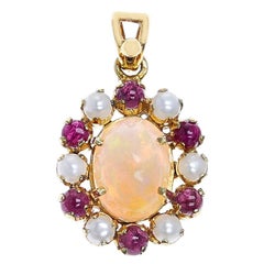 Oval 3.19 Carats Opal Pendant with Ruby and Pearl, 14K Yellow Gold