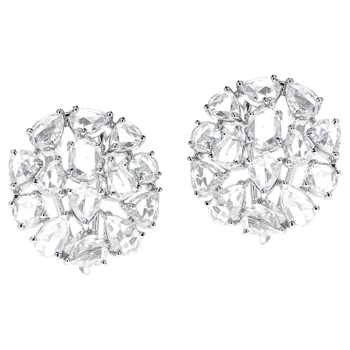 5.87 Ct White Diamond Rose Cut Earrings, 18K White Gold For Sale