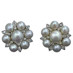 Vintage Hollywood Regency Pearl Diamond Earrings 14 Karat White Gold
