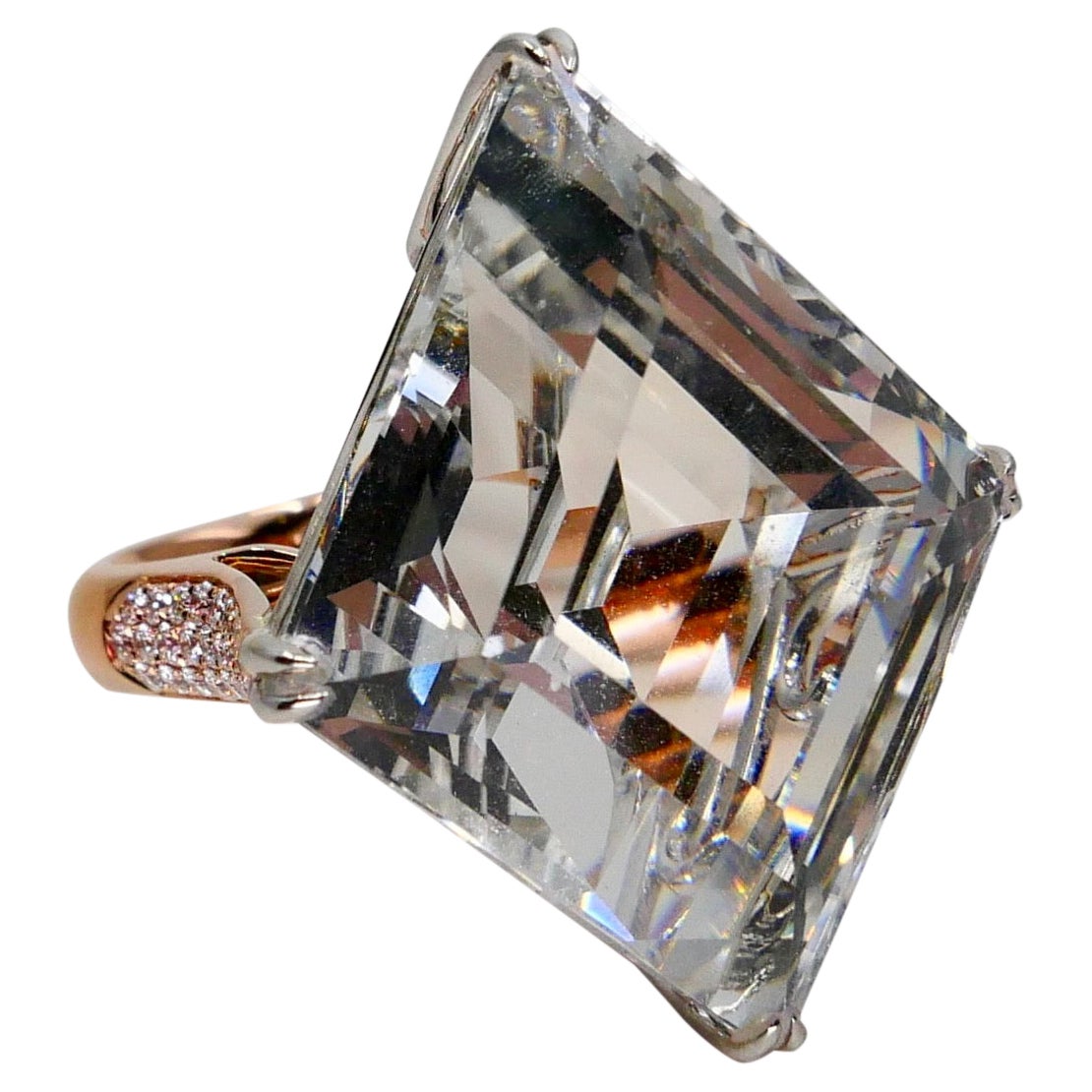 49.02 Carat Kite Step Cut White Topaz and Diamond Cocktail Ring, Massive For Sale