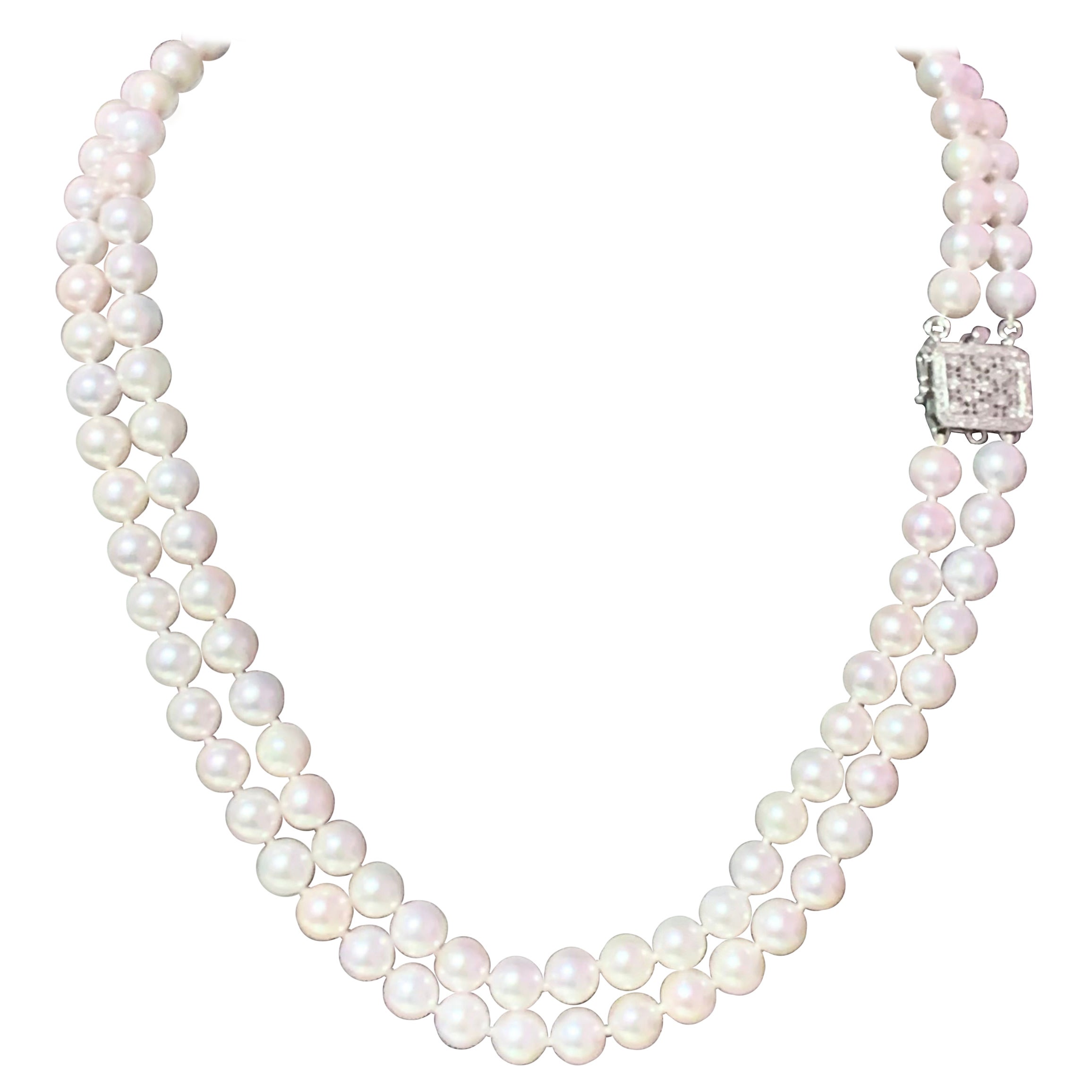 Diamond Akoya Pearl 2-Strand Necklace 14k Gold Certified For Sale