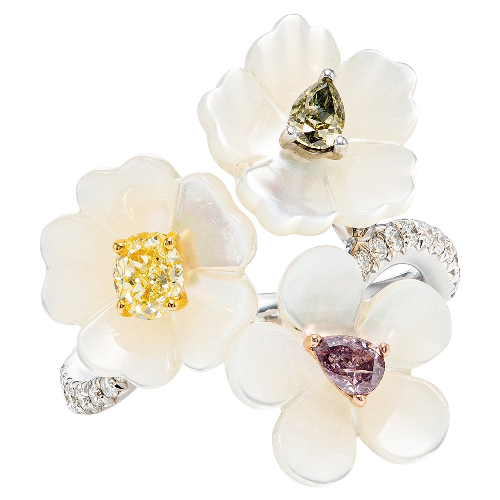 7.46 Carat Mother of Pearl and Colored Diamond Floral Trio Ring in 18k Gold For Sale