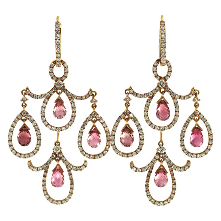Vintage Rubellite Briolette and Diamond Chandelier Earring in 18K Rose