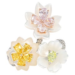 11.32 Carat Mother of Pearl and Colored Diamond Floral Trio Ring in 18k Gold