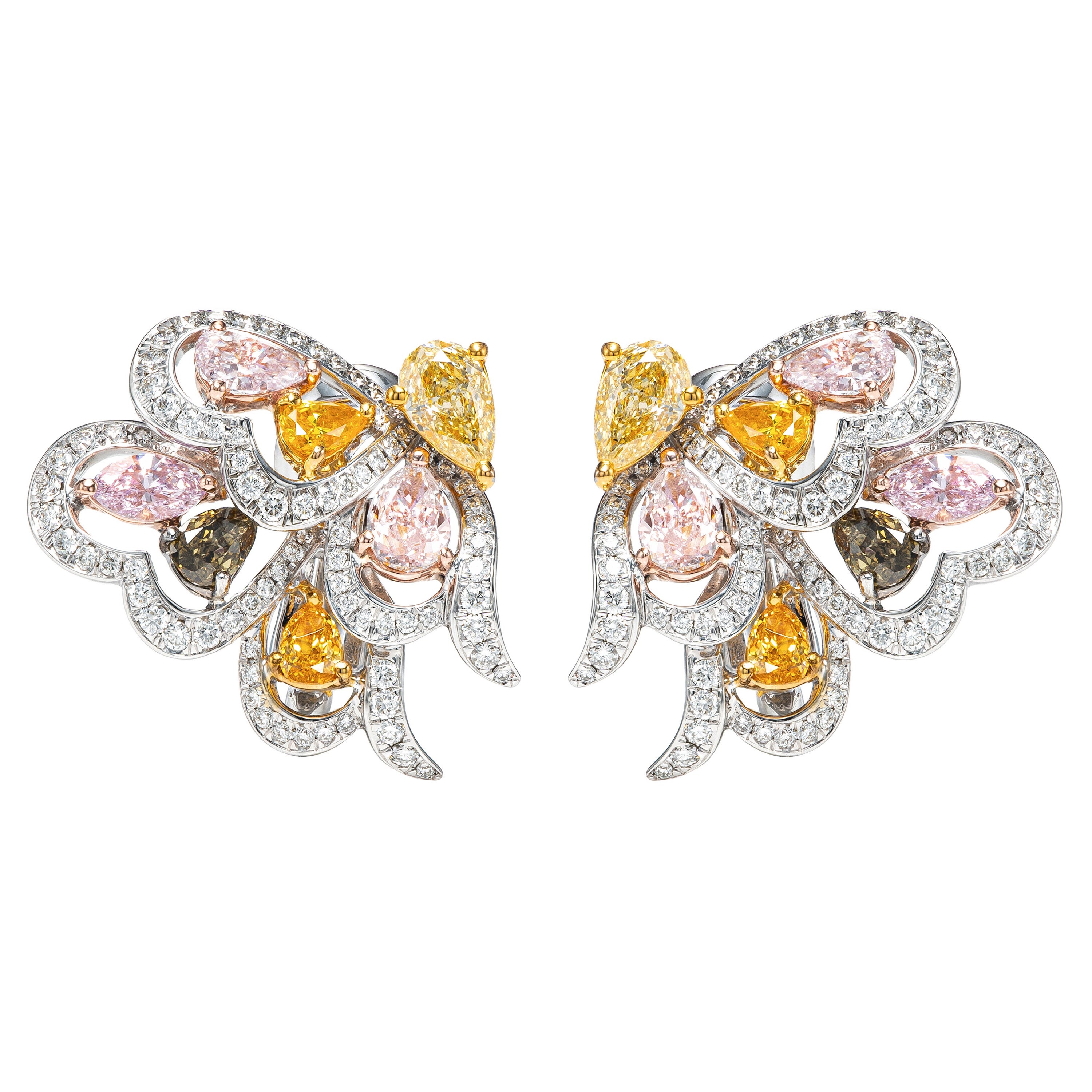 2.94 Carat Dragonfly Green, Yellow, Orange, Blue and Pink Diamond Earrings For Sale