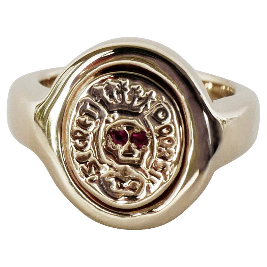 Crest Signet Ring Gold Vermeil Ruby Skull Victorian Style J Dauphin For Sale