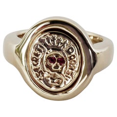 Antique Crest Signet Ring Gold Vermeil Ruby Skull Victorian Style J Dauphin