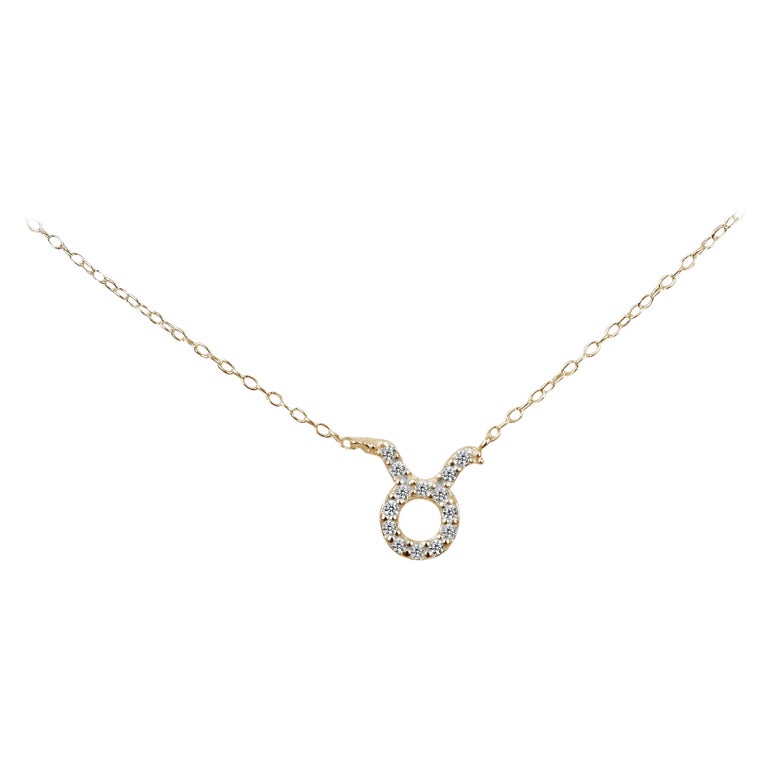 14k Solid Gold Diamond Necklace Taurus Zodiac Sign Diamond Zodiac Pendant For Sale